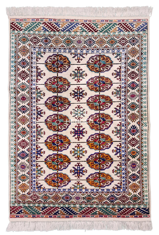 Handmade Turkoman Tekke Silk Rug 84 x 120 cm (3'x4' ft) Beige