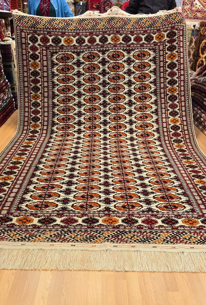 Hand-Knotted Turkoman Beige Wool Rug Bukhara Carpet 200x300 cm (7' x 10' ft) Beige