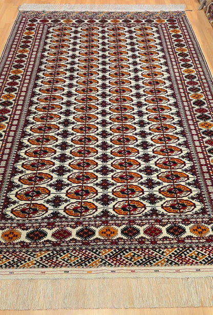Hand-Knotted Turkoman Beige Wool Rug Bukhara Carpet 200x300 cm (7' x 10' ft) Beige
