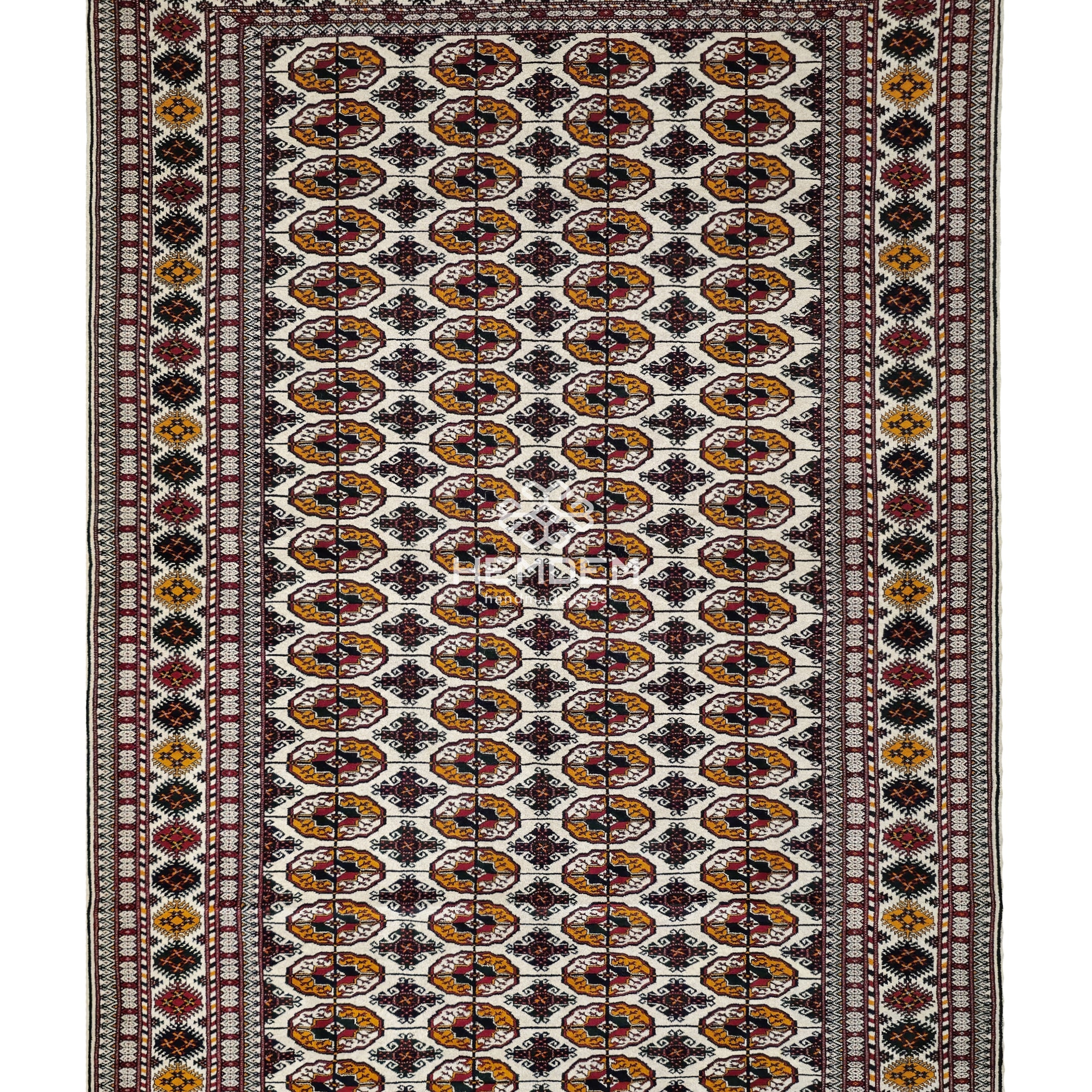 Hand-Knotted Turkoman Beige Wool Rug Bukhara Carpet 200x300 cm (7' x 10' ft) Beige
