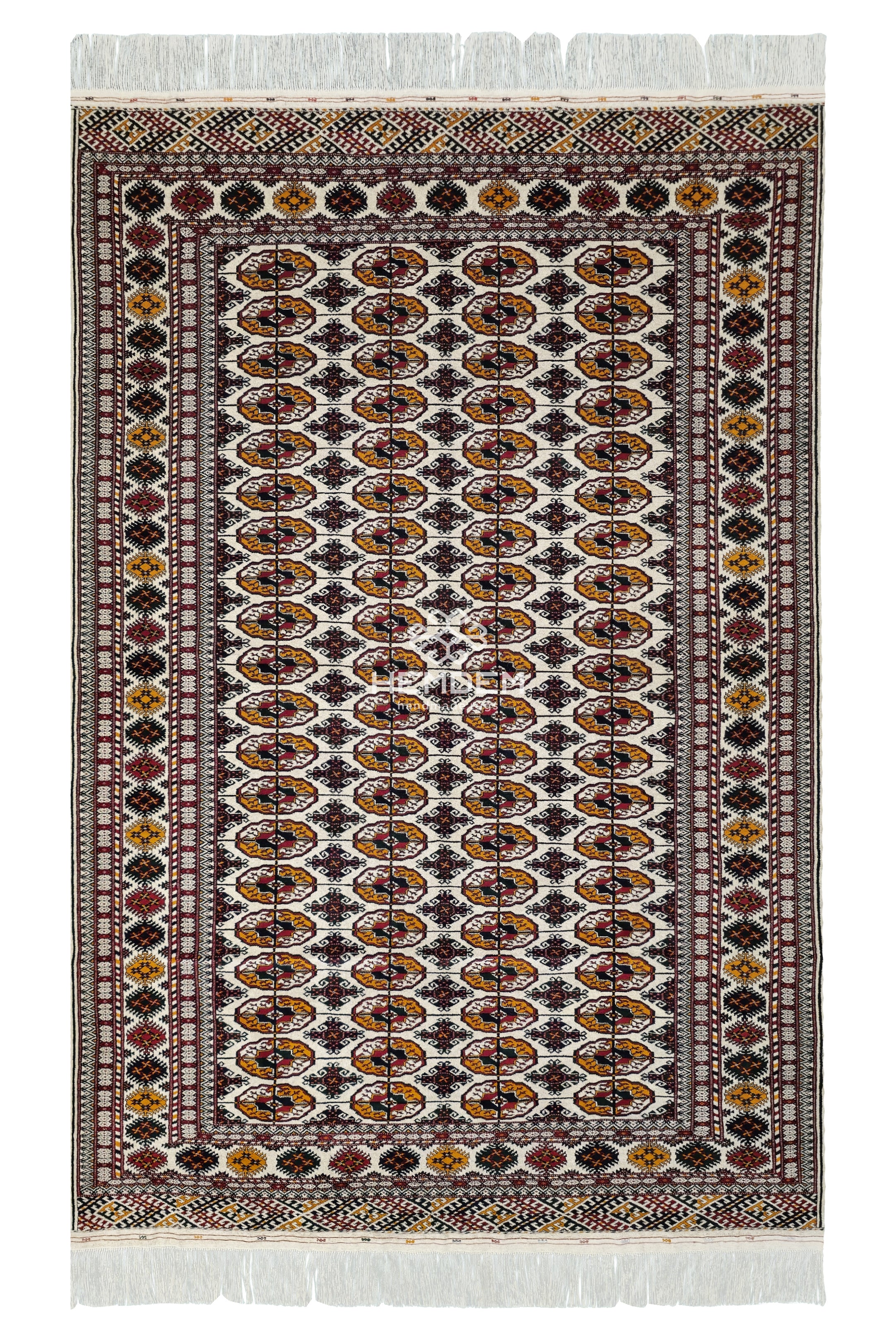 Hand-Knotted Turkoman Beige Wool Rug Bukhara Carpet 200x300 cm (7' x 10' ft) Beige