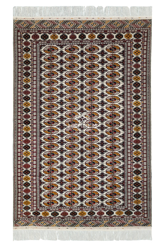 Hand-Knotted Turkoman Beige Wool Rug Bukhara Carpet 200x300 cm (7' x 10' ft) Beige