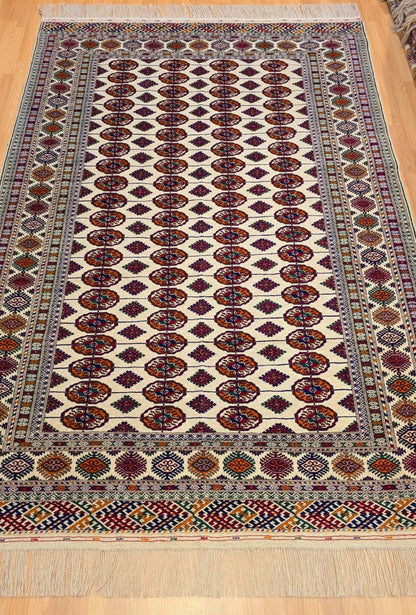 Hand Knotted Bukhara Beige Wool Area Rug - Turkoman Carpet 200 x 300cm (7' x 10' ft) Beige