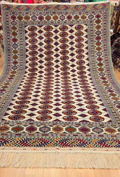 Hand Knotted Bukhara Beige Wool Area Rug - Turkoman Carpet 200 x 300cm (7' x 10' ft) Beige