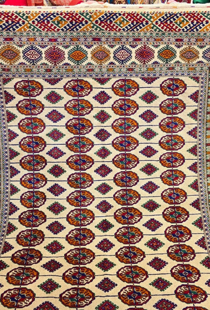 Hand Knotted Bukhara Beige Wool Area Rug - Turkoman Carpet 200 x 300cm (7' x 10' ft) Beige