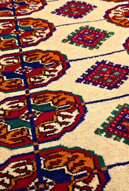 Hand Knotted Bukhara Beige Wool Area Rug - Turkoman Carpet 200 x 300cm (7' x 10' ft) Beige