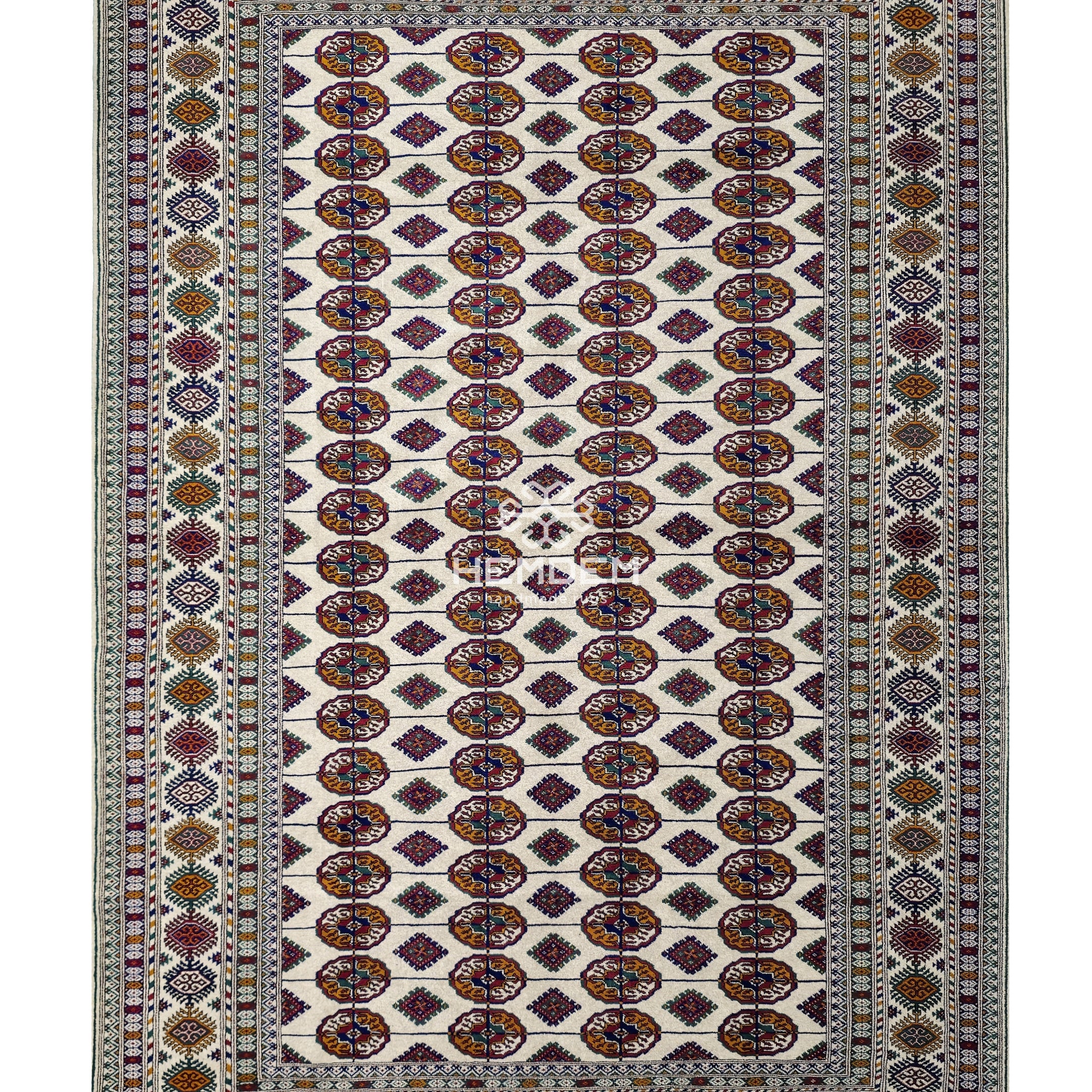 Hand Knotted Bukhara Beige Wool Area Rug - Turkoman Carpet 200 x 300cm (7' x 10' ft) Beige