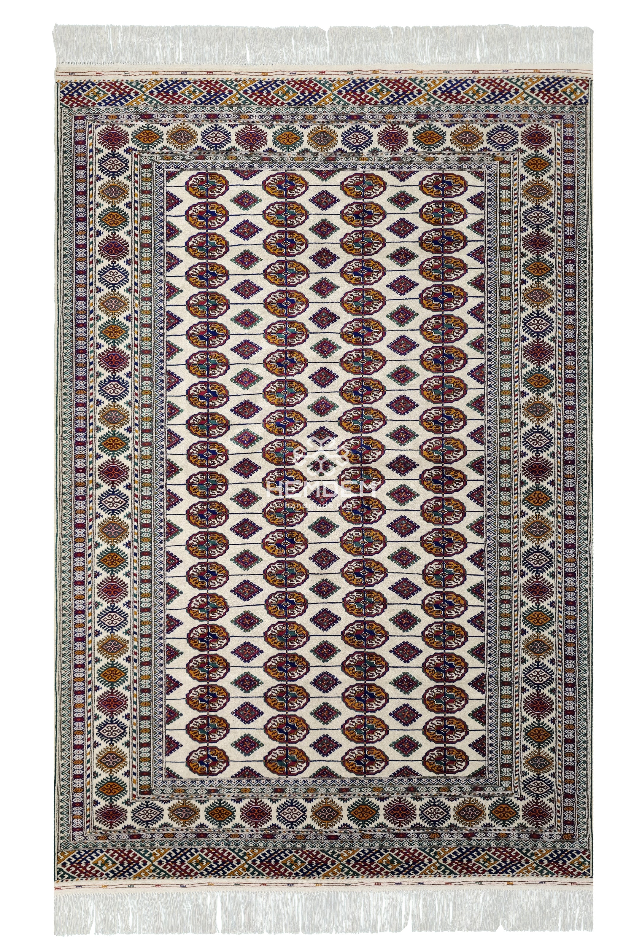 Hand Knotted Bukhara Beige Wool Area Rug - Turkoman Carpet 200 x 300cm (7' x 10' ft) Beige