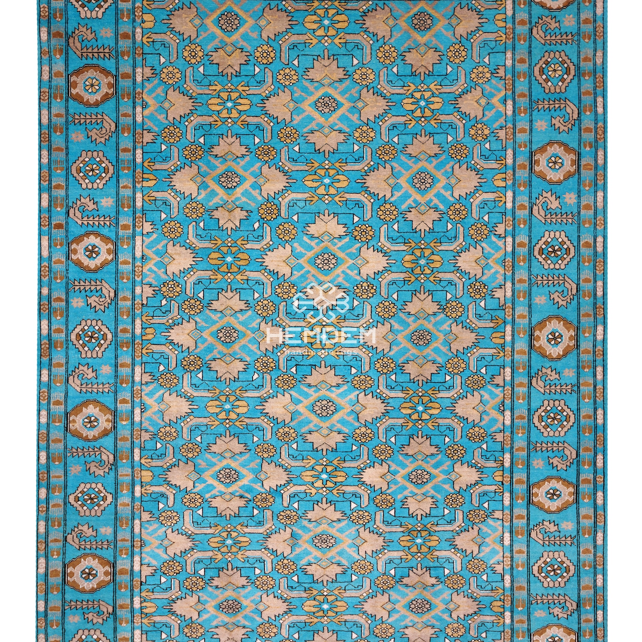 El Dokuma Mavi Halı İpek ve Yün Herati Halı 136 x 200 cm (4'5 x 7')