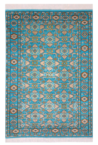 Handknotted Blue Rug Silk & Wool Herati Rug 136 x 200cm (4'5 x 7')