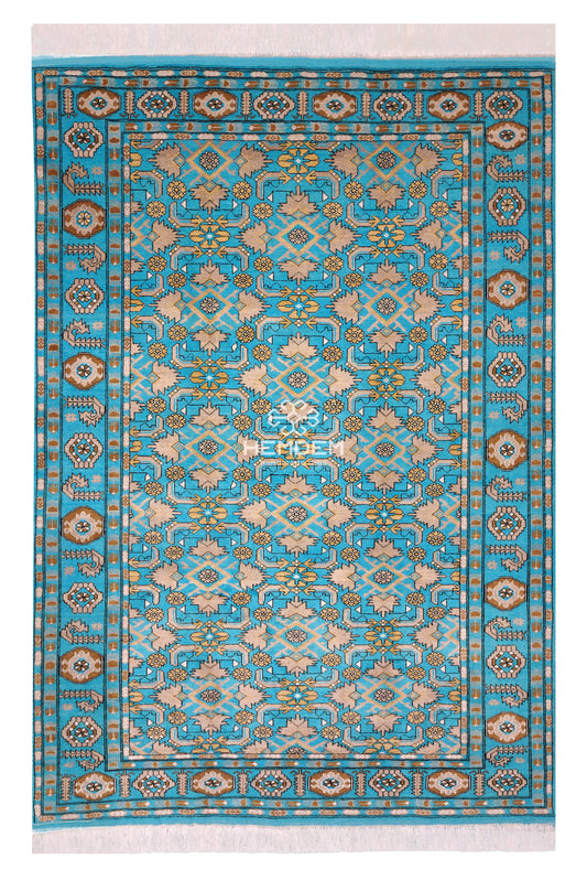 Handknotted Blue Rug Silk & Wool Herati Rug 136 x 200cm (4'5 x 7')