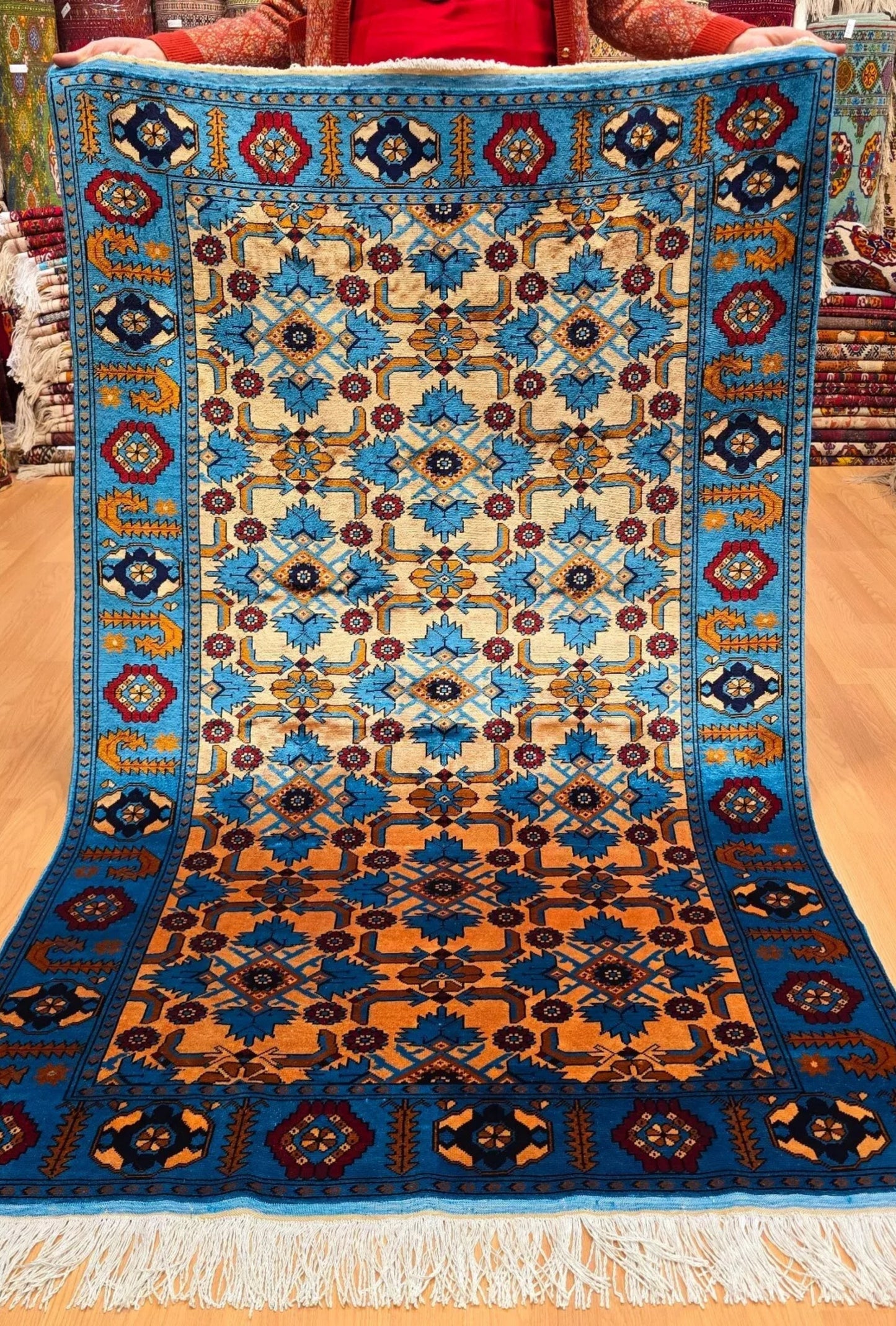 Herati Afghan Rug Oriental Silk Handknotted Eastern Area Rug 111 x 180 cm (4' x 6' ft) Blue