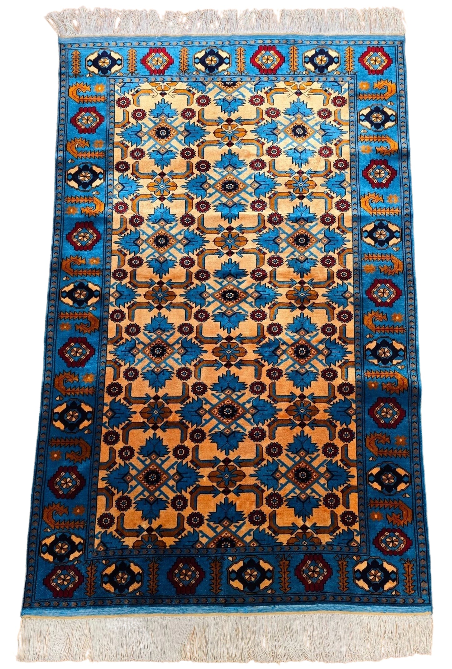Herati Afghan Rug Oriental Silk Handknotted Eastern Area Rug 111 x 180 cm (4' x 6' ft) Blue