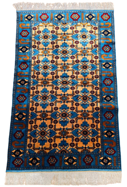 Herati Afghan Rug Oriental Silk Handknotted Eastern Area Rug 111 x 180 cm (4' x 6' ft) Blue