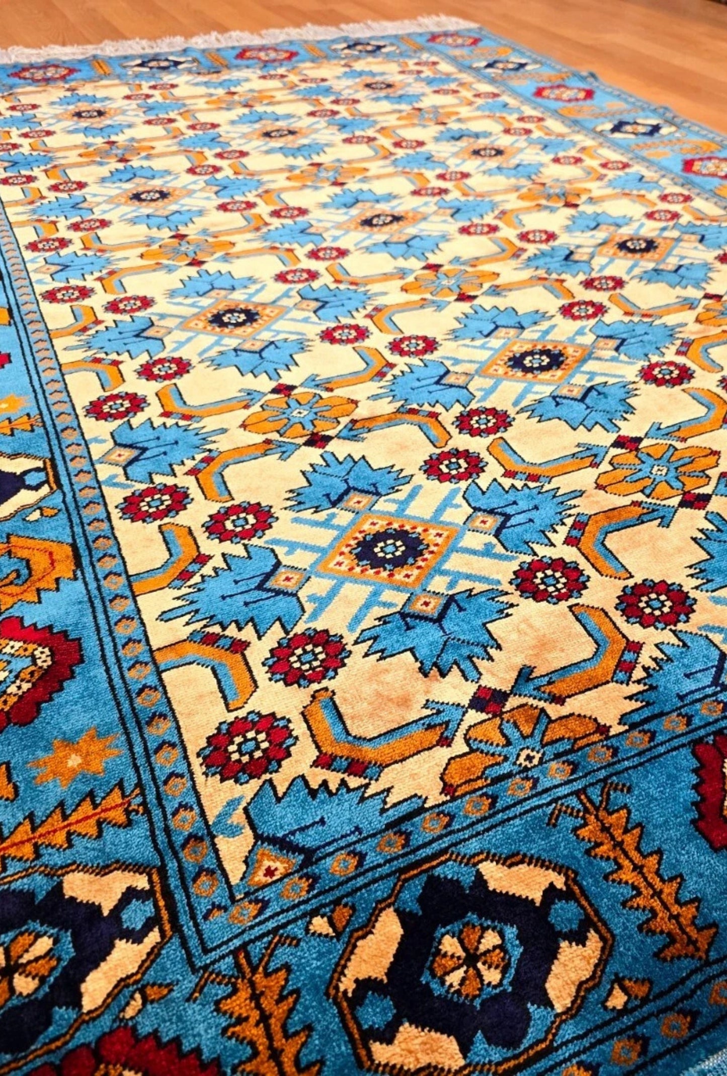 Herati Afghan Rug Oriental Silk Handknotted Eastern Area Rug 111 x 180 cm (4' x 6' ft) Blue
