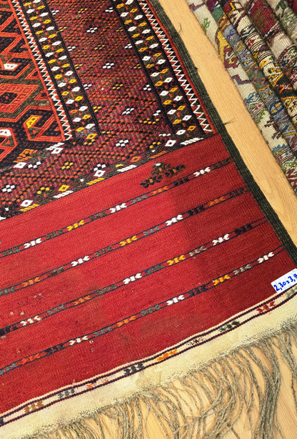 Handwoven Vintage Turkoman Yomut Kilim Rug 230 x 390cm (7.5' x 12.8' ft) Red