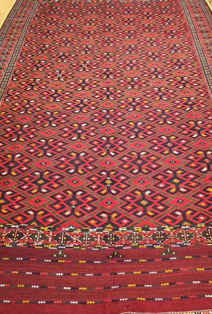 Handmade Vintage Turkoman Yomut Kilim Rug 225 x 375cm (7.4' x 13' ft) Red