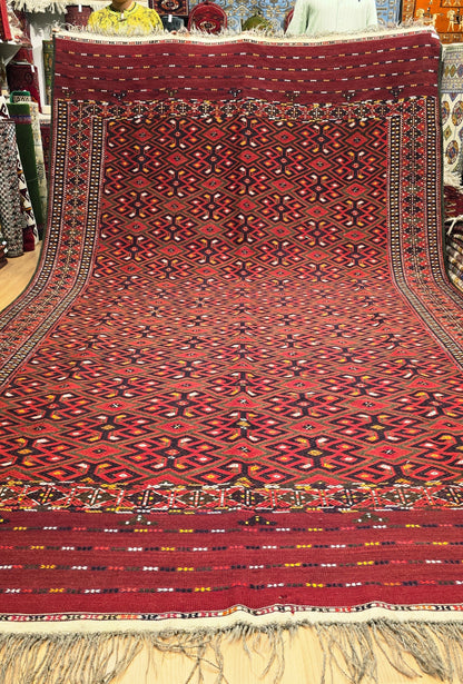 Handmade Vintage Turkoman Yomut Kilim Rug 225 x 375cm (7.4' x 13' ft) Red