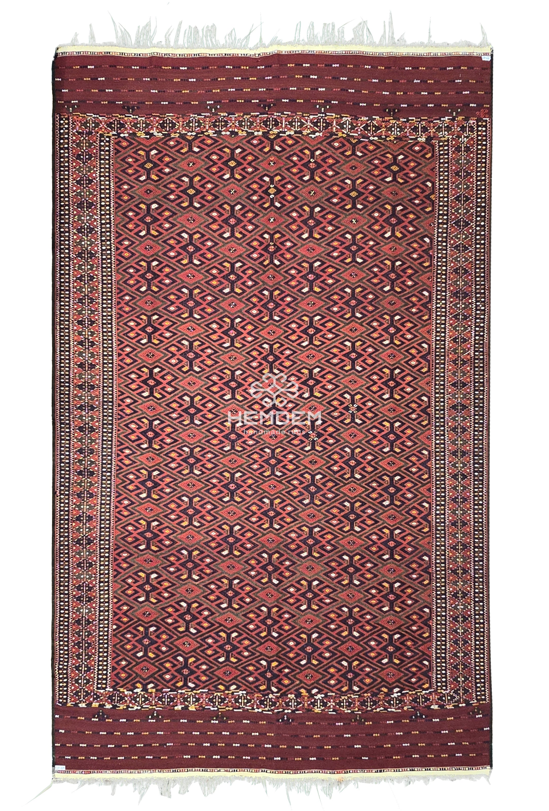 Handmade Vintage Turkoman Yomut Kilim Rug 225 x 375cm (7.4' x 13' ft) Red