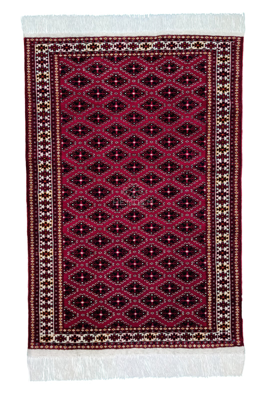 Turkoman Yomud Rare Design Wool Rug 100 x 150 cm (2.5'x4' ft) Red