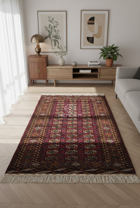 Turkmen Rug Antique Handknotted Wool Rug 125 x 190cm (4' x 7' ft) Red