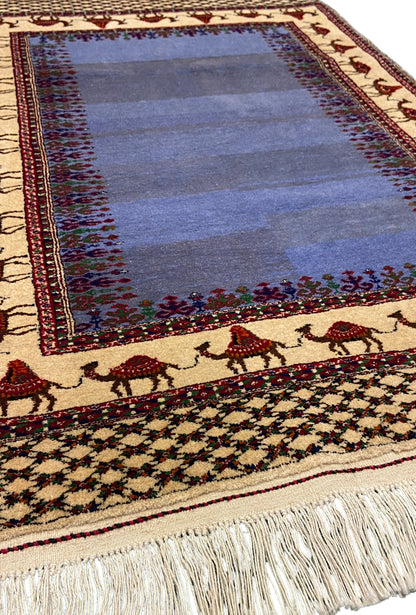 Turkmen Handknotted Rug Modern Camel Desing Wool Rug 90 x 133 cm (3'x4' ft) Blue