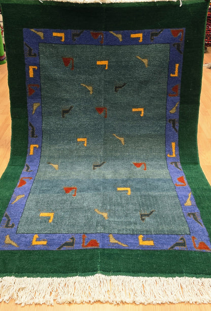 Turkmen Handknotted Rug Modern Minimal Wool Rug 118 x 173 cm (3'x4' ft) Green