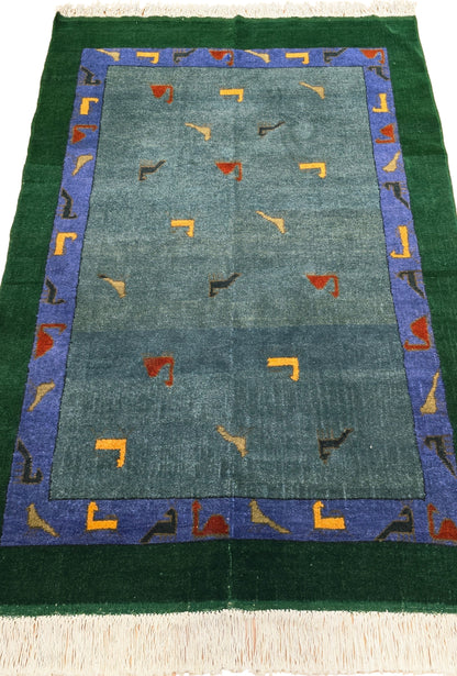 Turkmen Handknotted Rug Modern Minimal Wool Rug 118 x 173 cm (3'x4' ft) Green