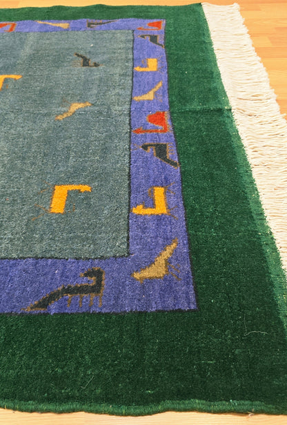 Turkmen Handknotted Rug Modern Minimal Wool Rug 118 x 173 cm (3'x4' ft) Green