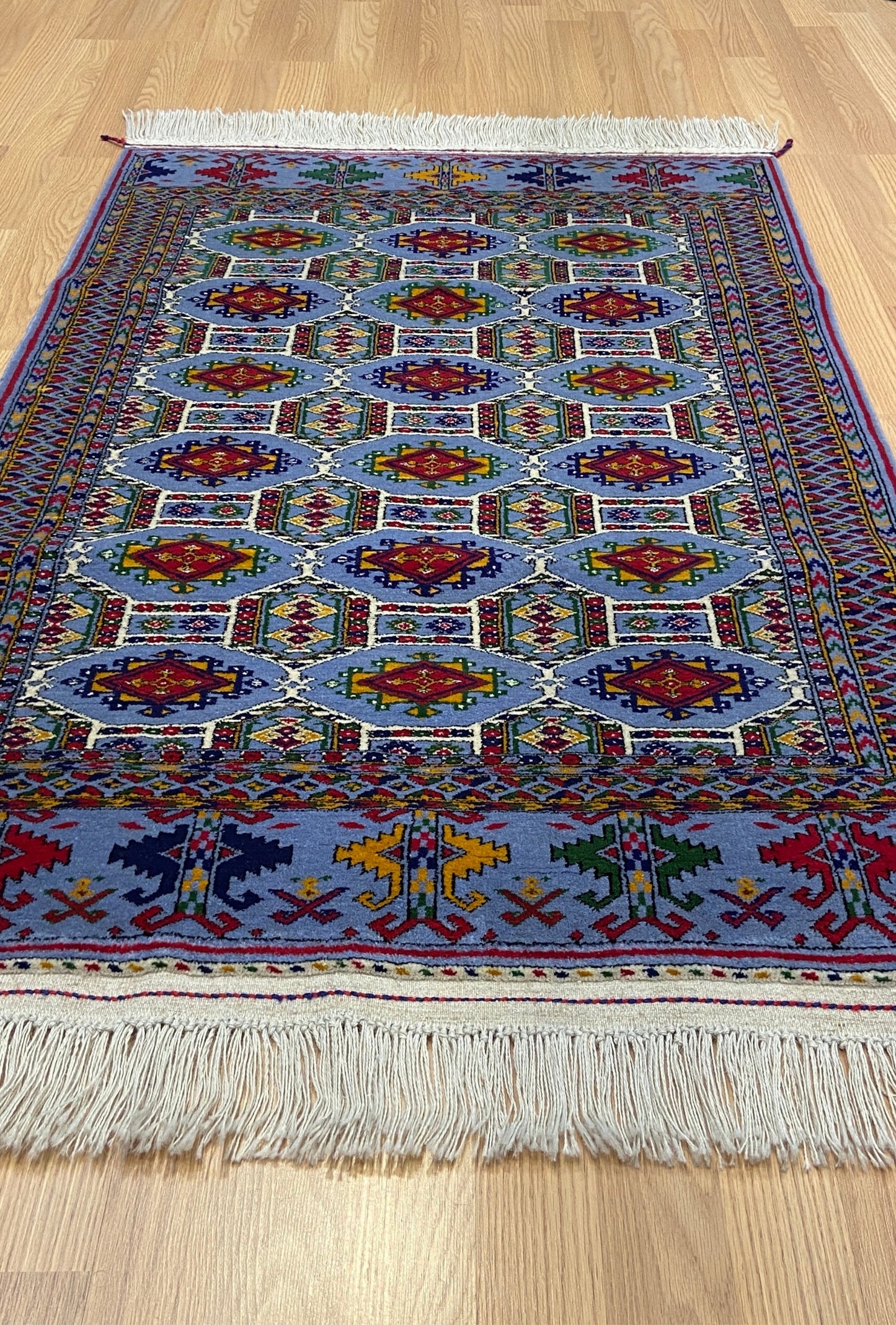 Turkmen Handknotted Rug Rare Diamond Desing Wool Rug 86 x 125 cm (3'x4' ft) Blue