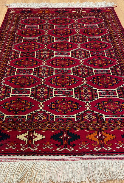 Turkmen Handknotted Rug Rare Diamond Desing Wool Rug 86 x 125 cm (3'x4' ft) Red
