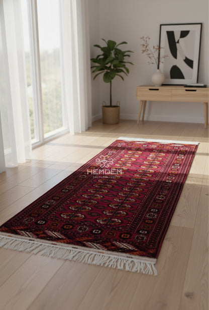 Turkmen Handknotted Rug Tekke Wool Runner Rug 82 x 180 cm (3'x6' ft) Red