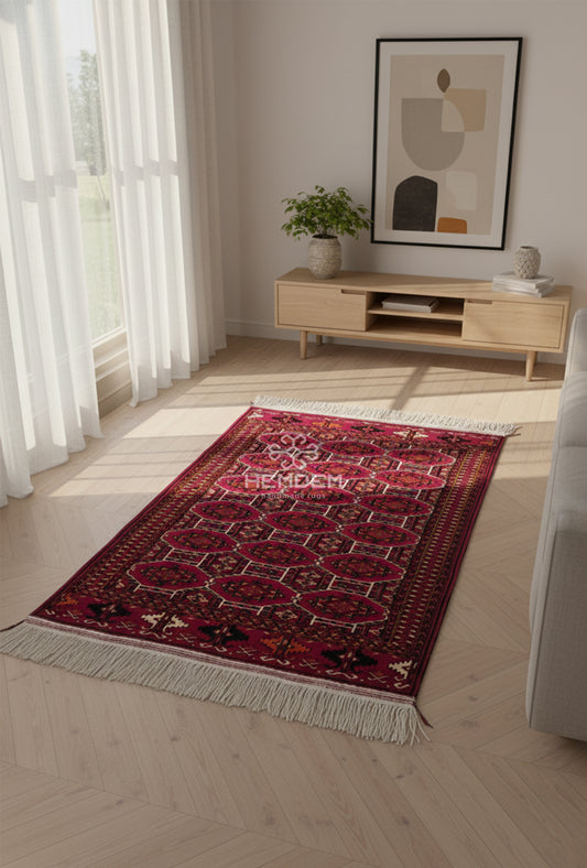 Turkmen Handknotted Rug Rare Diamond Desing Wool Rug 86 x 125 cm (3'x4' ft) Red