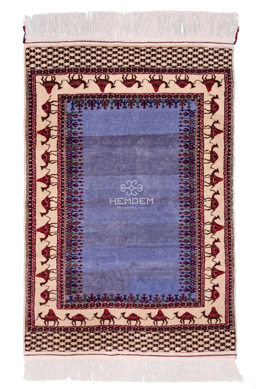 Turkmen Handknotted Rug Modern Camel Desing Wool Rug 90 x 133 cm (3'x4' ft) Blue