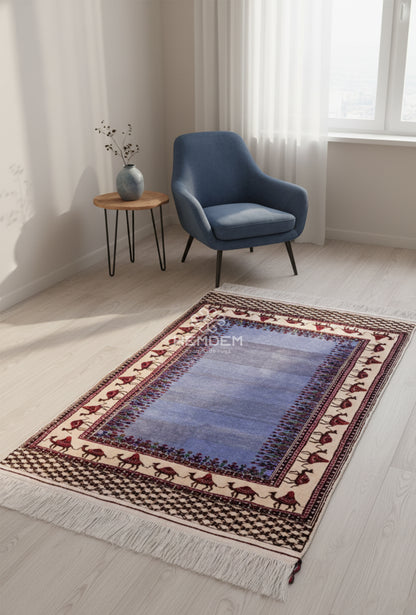 Turkmen Handknotted Rug Modern Camel Desing Wool Rug 90 x 133 cm (3'x4' ft) Blue