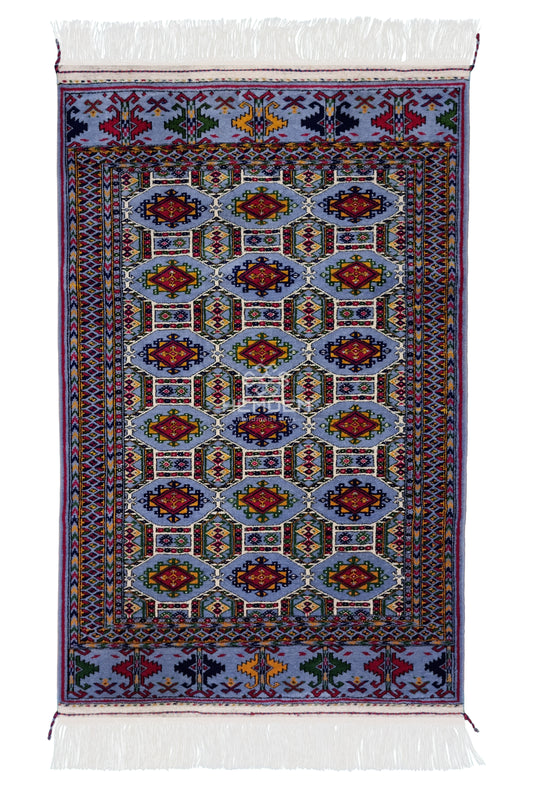 Turkmen Handknotted Rug Rare Diamond Desing Wool Rug 86 x 125 cm (3'x4' ft) Blue