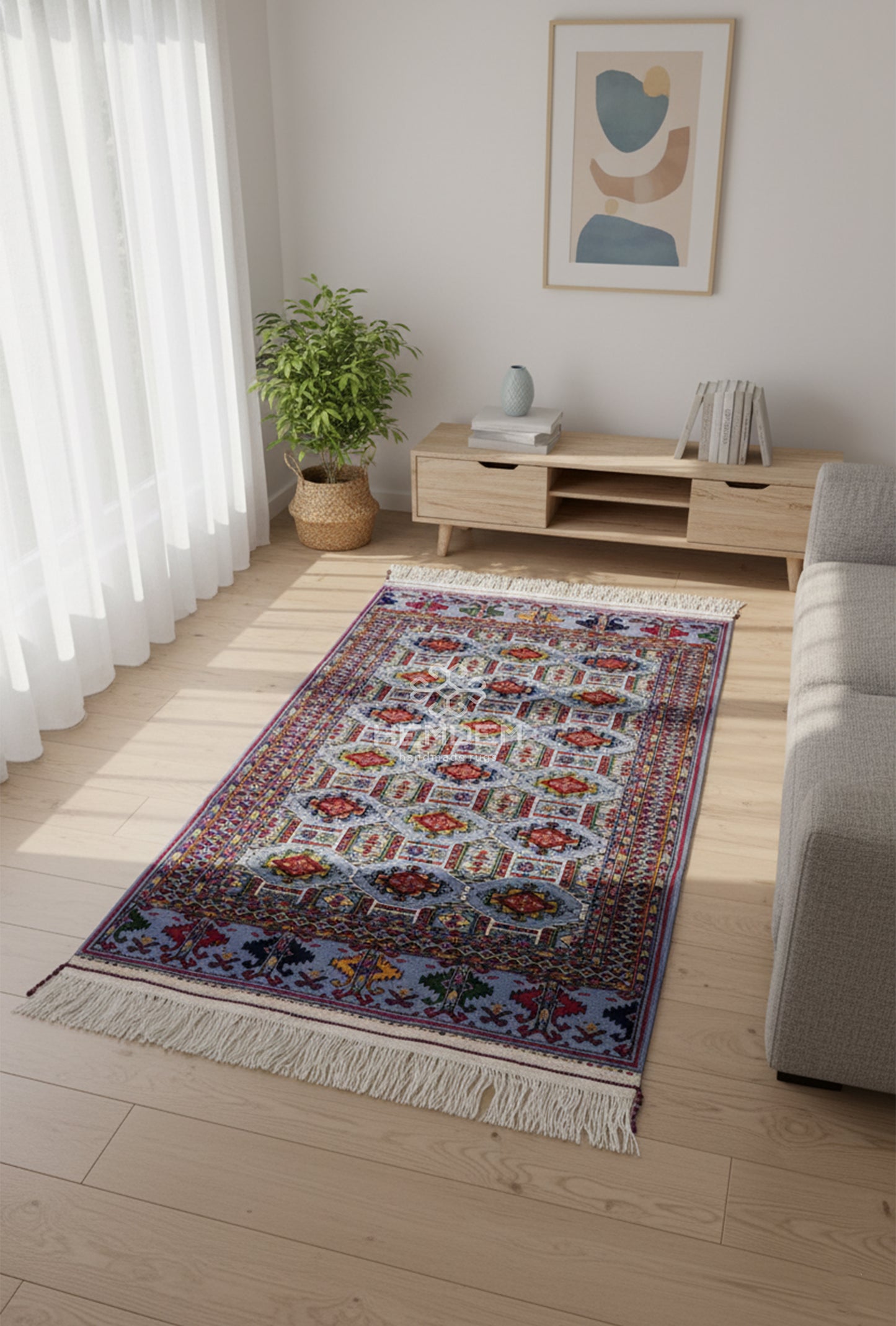 Turkmen Handknotted Rug Rare Diamond Desing Wool Rug 86 x 125 cm (3'x4' ft) Blue