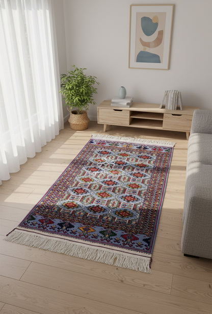 Turkmen Handknotted Rug Rare Diamond Desing Wool Rug 86 x 125 cm (3'x4' ft) Blue