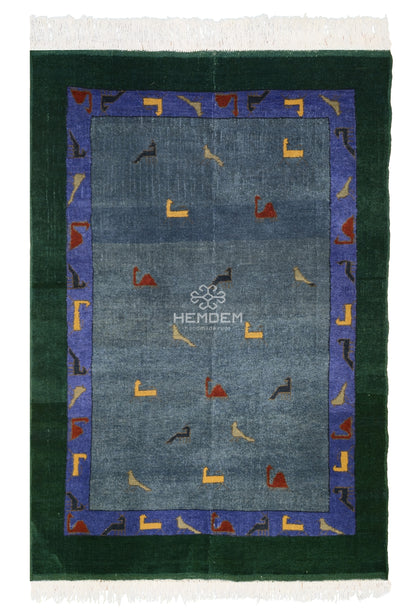 Turkmen Handknotted Rug Modern Minimal Wool Rug 118 x 173 cm (3'x4' ft) Green