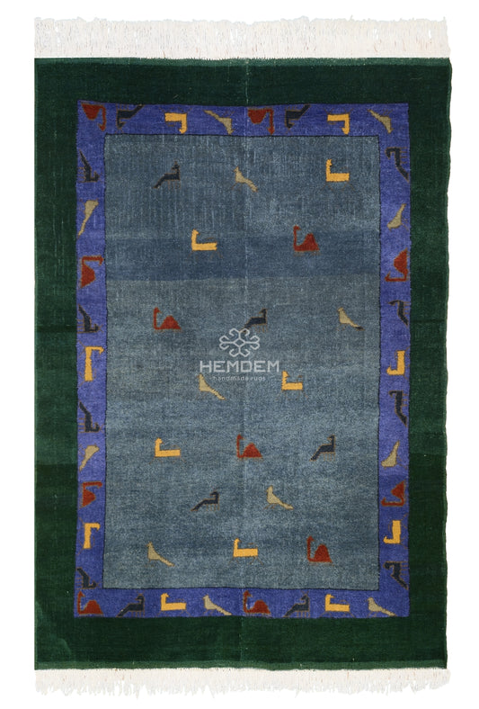 Turkmen Handknotted Rug Modern Minimal Wool Rug 118 x 173 cm (3'x4' ft) Green