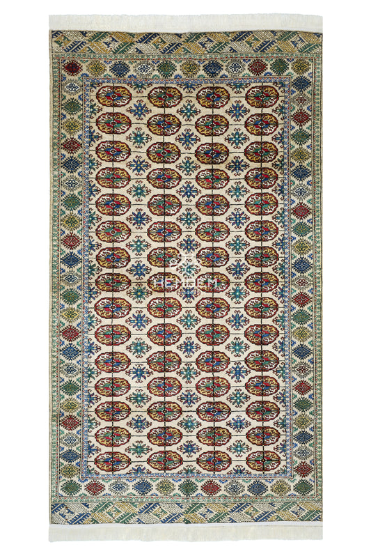 Turkmen Bokhara Rug Handknotted Silk Rug 125x 225cm (4.1' x 7.4' ft) Beige