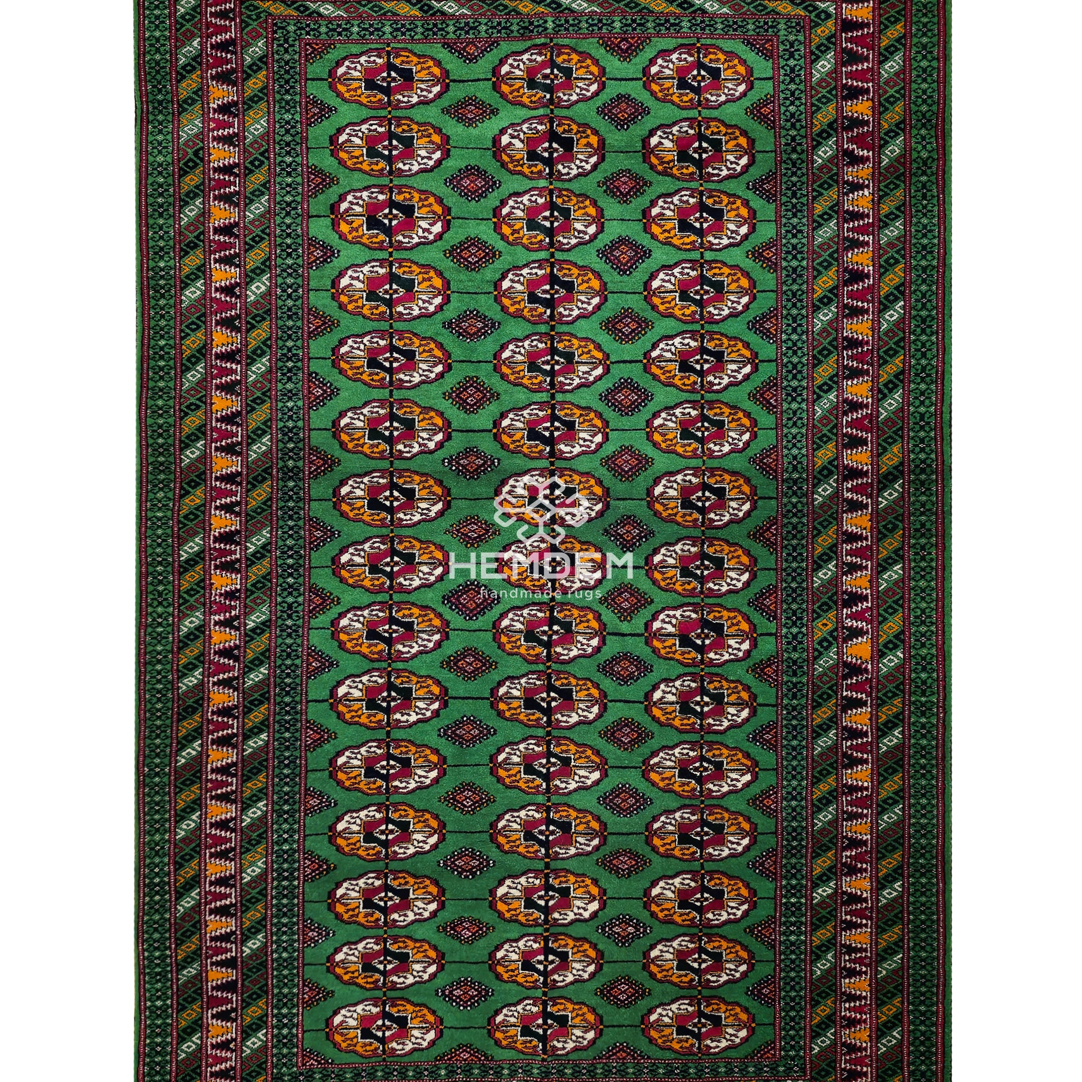 Türkmen Buhara Halısı El Dokuma Yün Halı 131x 220cm (4.3' x 7.2' ft) Yeşil