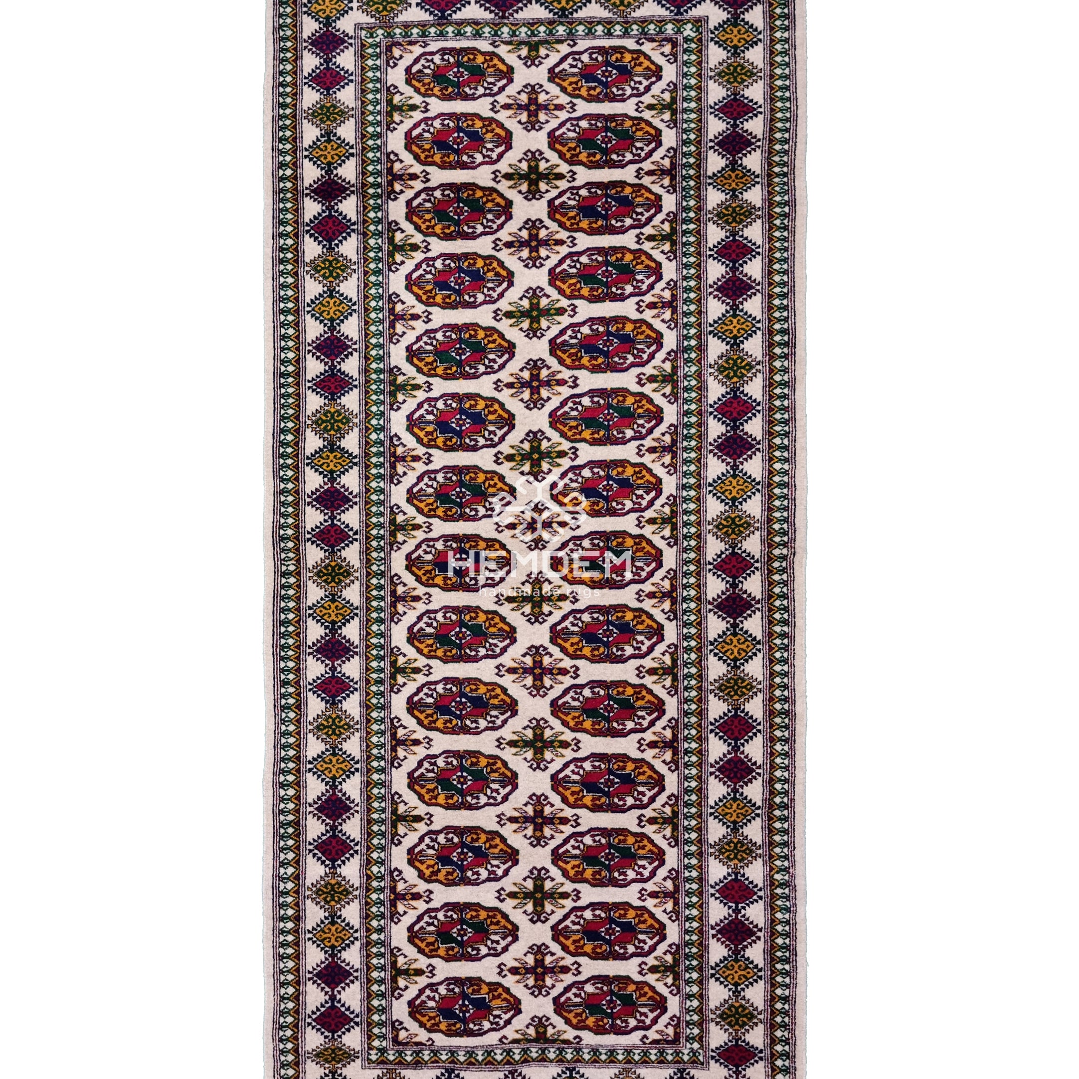 Türkmen Halısı Buhara El Dokuma Yün Yolluk Halı 81 x 197cm (2,7' x 6,6' ft) Beyaz