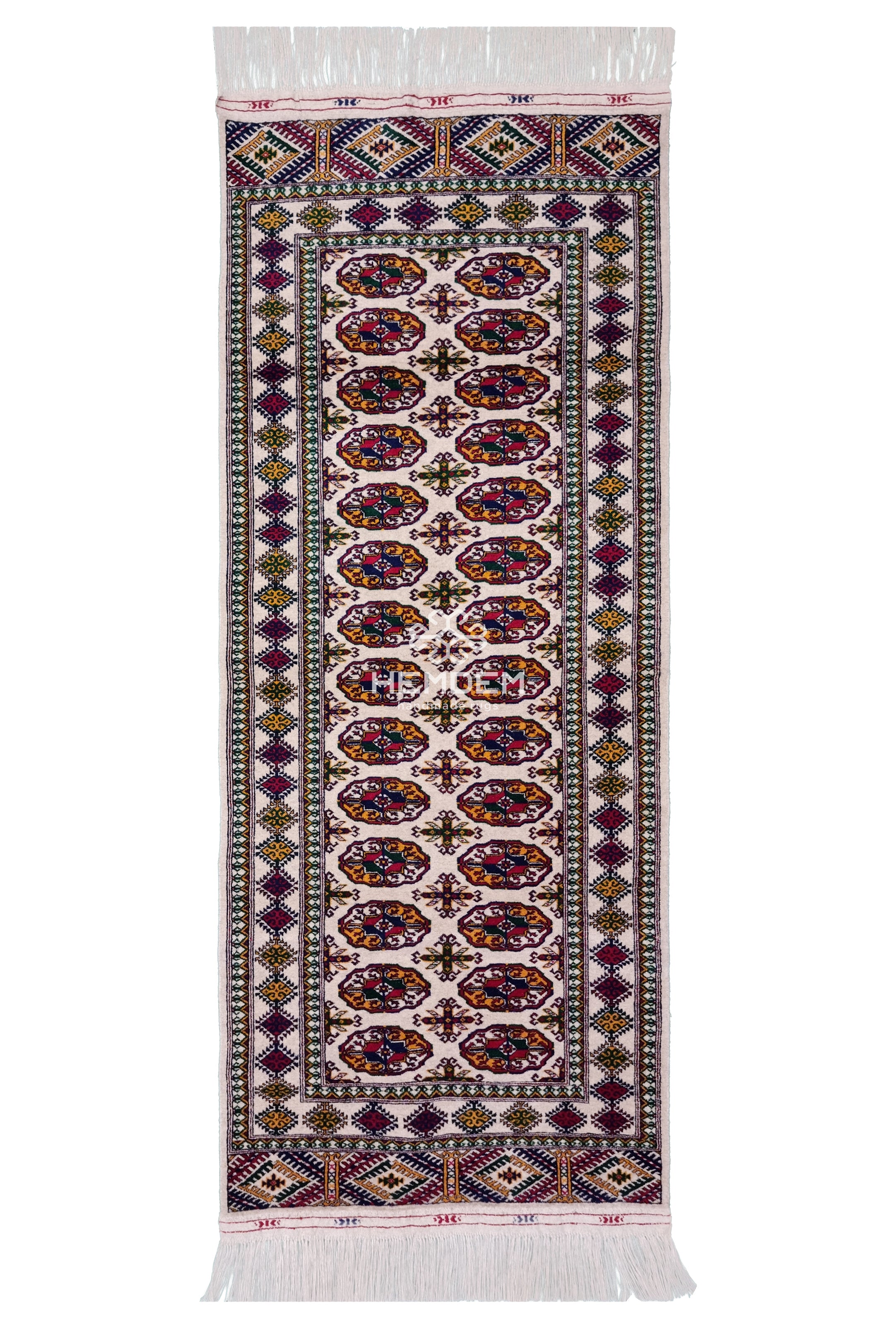 Türkmen Halısı Buhara El Dokuma Yün Yolluk Halı 81 x 197cm (2,7' x 6,6' ft) Beyaz
