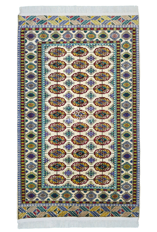 Turkmen Rug Handknotted Bokhara Silk Rug 118 x 200cm (3.10' x 6.5' ft) Beige