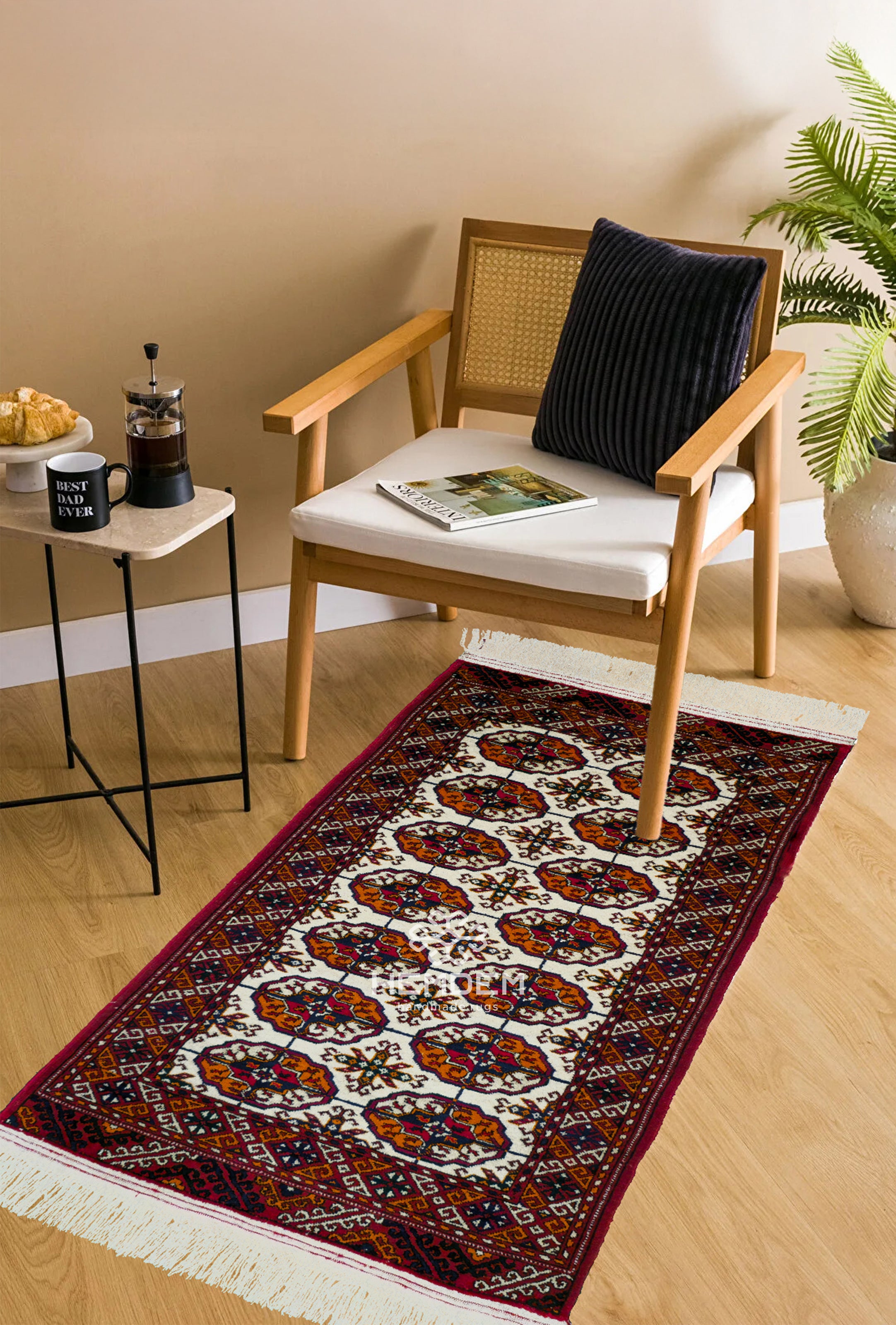 Türkmen Halı Meditasyon El Dokuma Yün Halı 70 x 140cm (2.3' x 4.6' ft) Bej