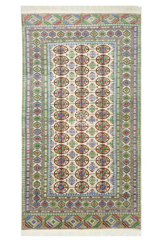 Turkoman Rug Handknotted Tribal Silk Rug 150 x 262cm (4.11' x 8.7' ft) Beige