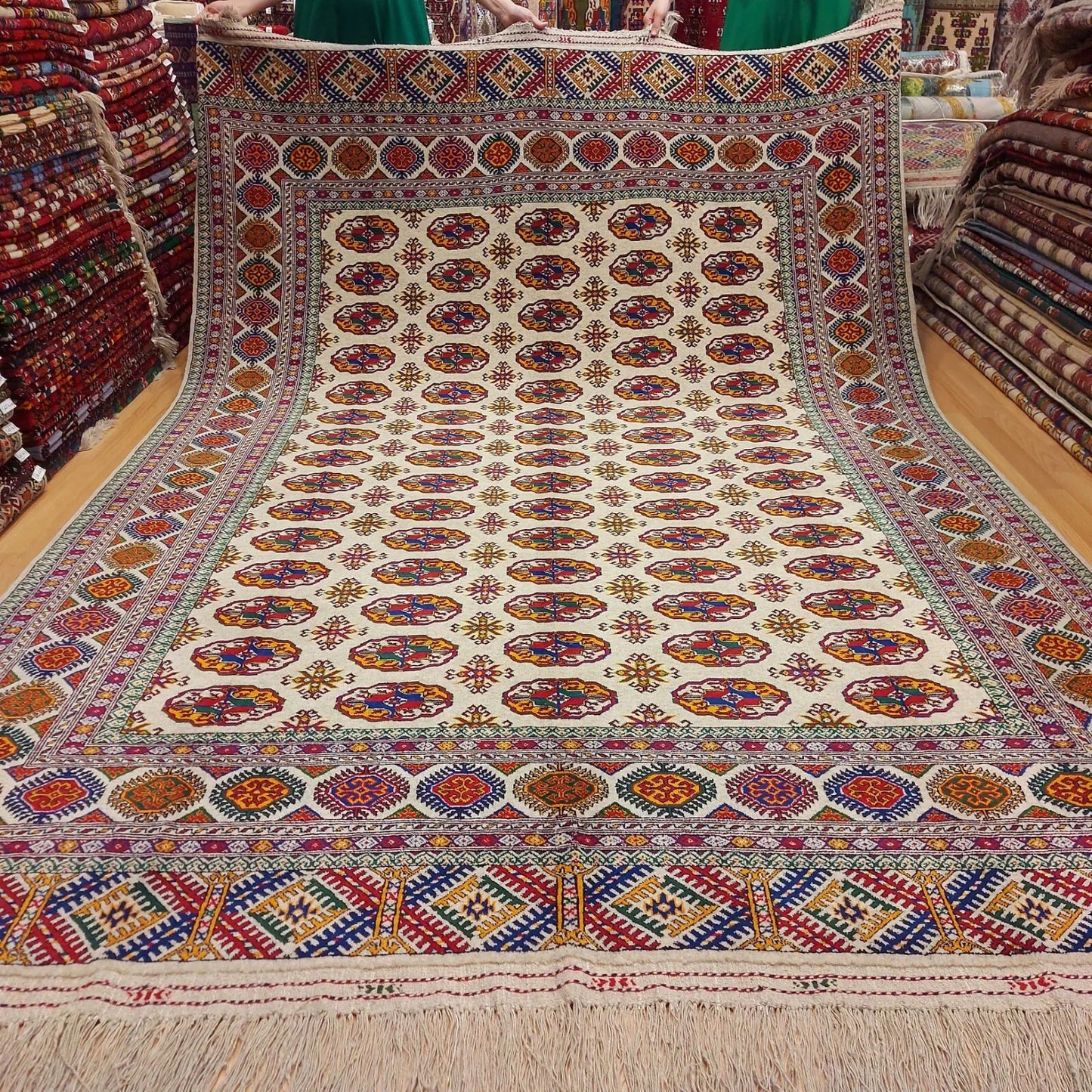 6'6" x 9'6" Oriental Rug Turkmen Wool Beige Large Tekke Area Rug 200 x 292cm Carpet