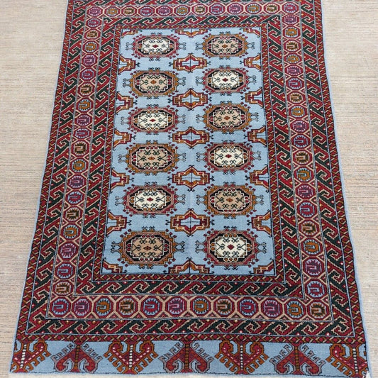 Stunning Tribal Blue 3'7"x5'2" Handmade Turkmen Wool Rug (110x160cm), Area Rug