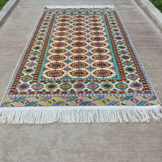 3'10"x 6'5" ft New Silk Bukhara Turkmen Tekke Area Rug Beige Hand-woven 118 x 200 cm